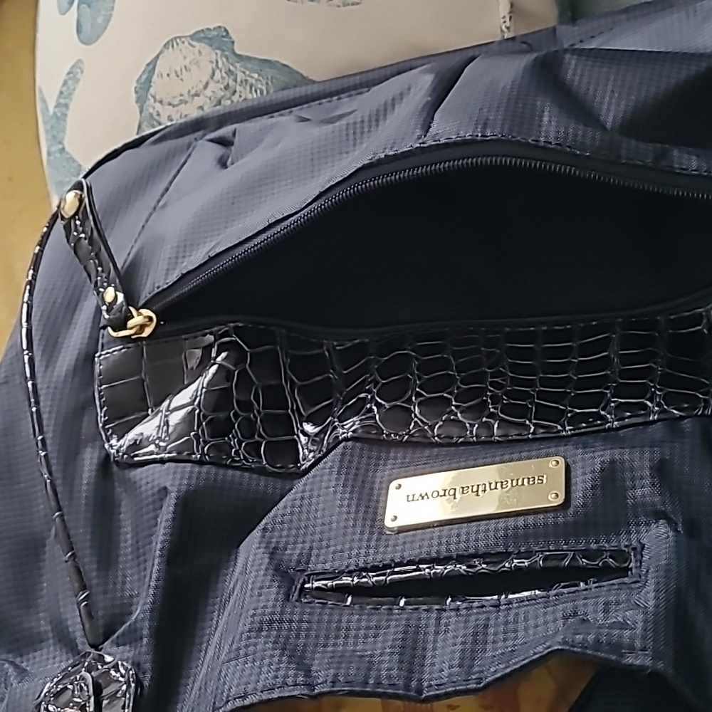 Samantha Brown Carry-on Bag With Trolley Sleeve Navy Blue Croc Embossed Accents - Picture 9 of 14
